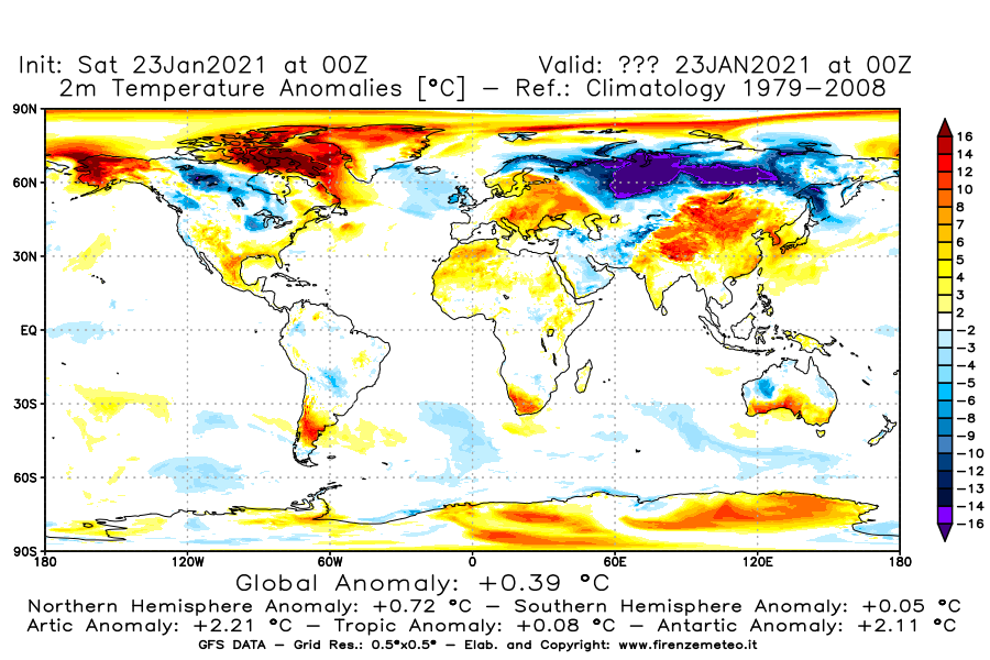 Mappa di analisi GFS - Anomalia Temperatura [°C] a 2 m in World
									del 23/01/2021 00 <!--googleoff: index-->UTC<!--googleon: index-->