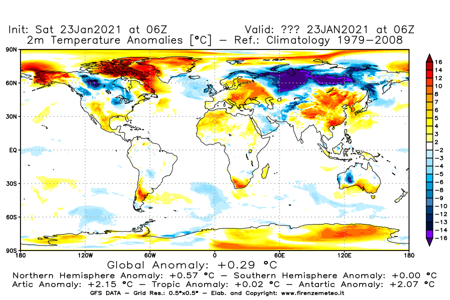 Mappa di analisi GFS - Anomalia Temperatura [°C] a 2 m in World
							del 23/01/2021 06 <!--googleoff: index-->UTC<!--googleon: index-->
