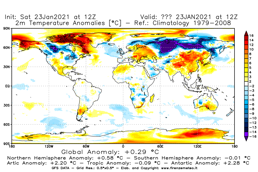 Mappa di analisi GFS - Anomalia Temperatura [°C] a 2 m in World
									del 23/01/2021 12 <!--googleoff: index-->UTC<!--googleon: index-->