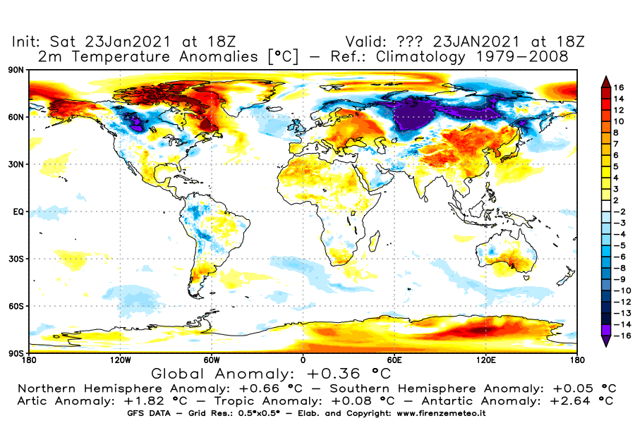 Mappa di analisi GFS - Anomalia Temperatura [°C] a 2 m in World
							del 23/01/2021 18 <!--googleoff: index-->UTC<!--googleon: index-->