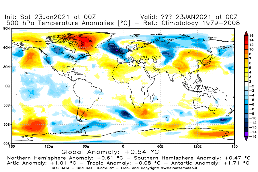Mappa di analisi GFS - Anomalia Temperatura [°C] a 500 hPa in World
							del 23/01/2021 00 <!--googleoff: index-->UTC<!--googleon: index-->