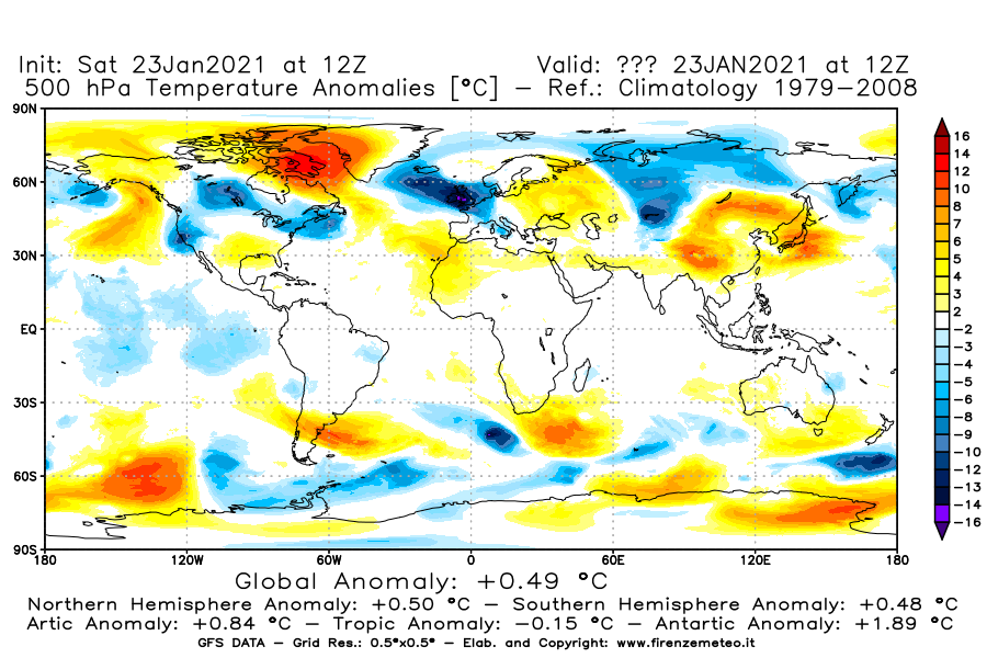 Mappa di analisi GFS - Anomalia Temperatura [°C] a 500 hPa in World
							del 23/01/2021 12 <!--googleoff: index-->UTC<!--googleon: index-->