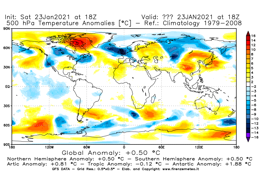 Mappa di analisi GFS - Anomalia Temperatura [°C] a 500 hPa in World
									del 23/01/2021 18 <!--googleoff: index-->UTC<!--googleon: index-->