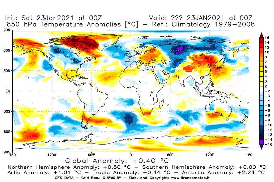 Mappa di analisi GFS - Anomalia Temperatura [°C] a 850 hPa in World
							del 23/01/2021 00 <!--googleoff: index-->UTC<!--googleon: index-->