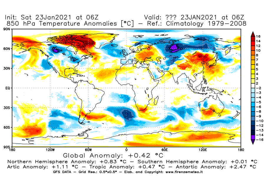 Mappa di analisi GFS - Anomalia Temperatura [°C] a 850 hPa in World
									del 23/01/2021 06 <!--googleoff: index-->UTC<!--googleon: index-->