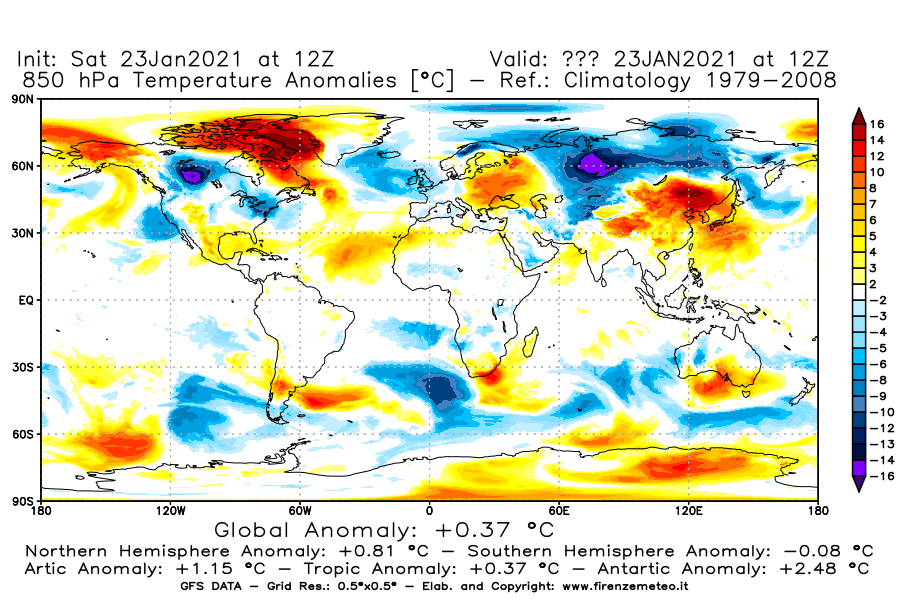 Mappa di analisi GFS - Anomalia Temperatura [°C] a 850 hPa in World
									del 23/01/2021 12 <!--googleoff: index-->UTC<!--googleon: index-->