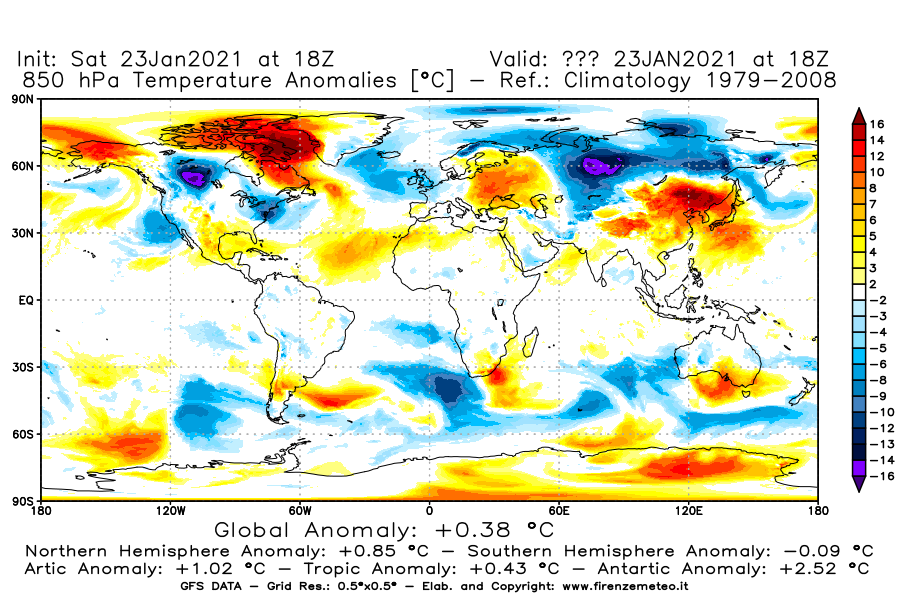 Mappa di analisi GFS - Anomalia Temperatura [°C] a 850 hPa in World
							del 23/01/2021 18 <!--googleoff: index-->UTC<!--googleon: index-->