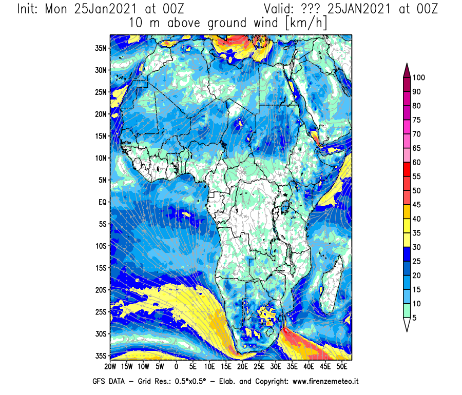 Mappa di analisi GFS - Velocità del vento a 10 metri dal suolo [km/h] in Africa
							del 25/01/2021 00 <!--googleoff: index-->UTC<!--googleon: index-->