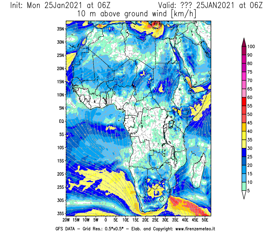 Mappa di analisi GFS - Velocità del vento a 10 metri dal suolo [km/h] in Africa
									del 25/01/2021 06 <!--googleoff: index-->UTC<!--googleon: index-->