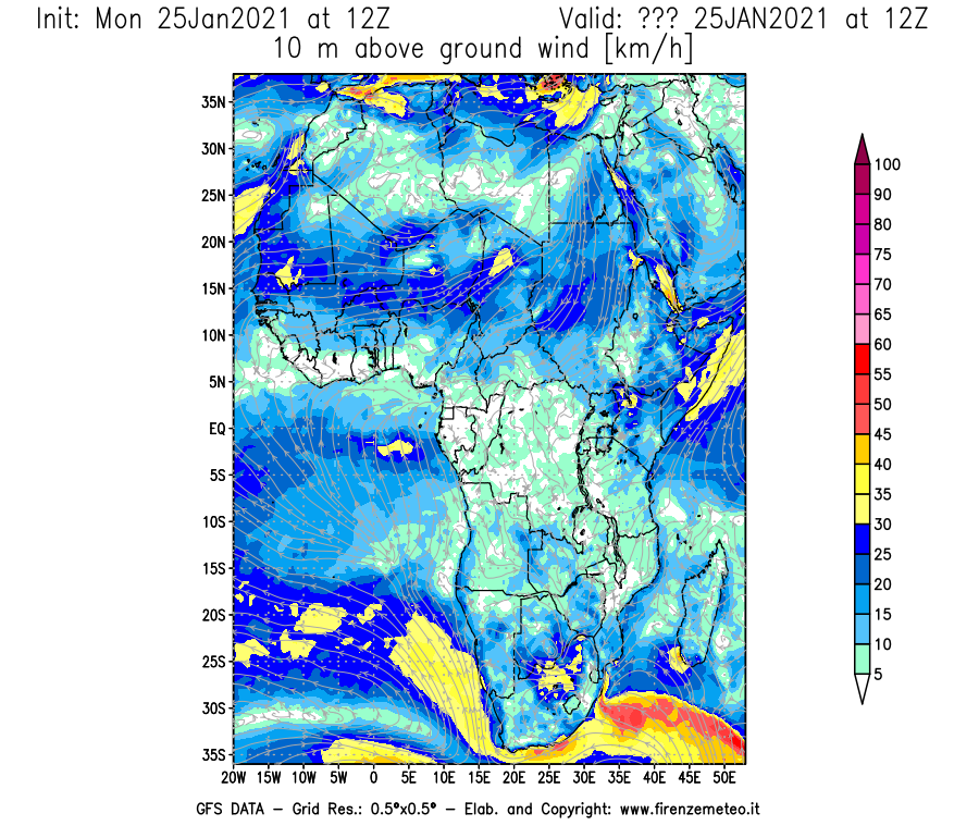 Mappa di analisi GFS - Velocità del vento a 10 metri dal suolo [km/h] in Africa
							del 25/01/2021 12 <!--googleoff: index-->UTC<!--googleon: index-->