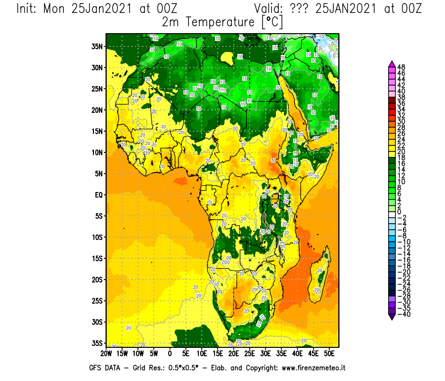Mappa di analisi GFS - Temperatura a 2 metri dal suolo [°C] in Africa
							del 25/01/2021 00 <!--googleoff: index-->UTC<!--googleon: index-->
