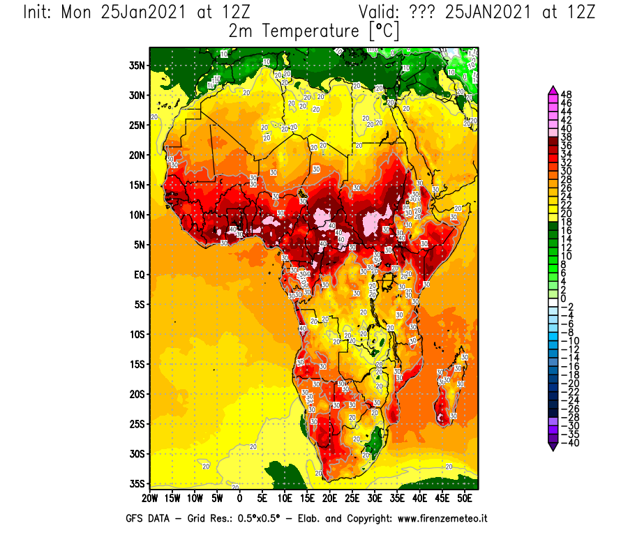 Mappa di analisi GFS - Temperatura a 2 metri dal suolo [°C] in Africa
									del 25/01/2021 12 <!--googleoff: index-->UTC<!--googleon: index-->