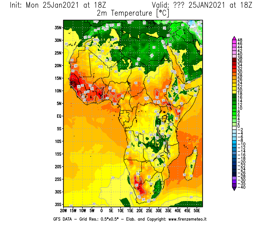 Mappa di analisi GFS - Temperatura a 2 metri dal suolo [°C] in Africa
							del 25/01/2021 18 <!--googleoff: index-->UTC<!--googleon: index-->