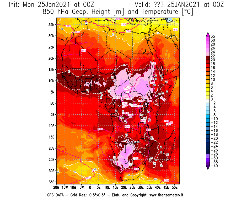 Mappa di analisi GFS - Geopotenziale [m] e Temperatura [°C] a 850 hPa in Africa
									del 25/01/2021 00 <!--googleoff: index-->UTC<!--googleon: index-->