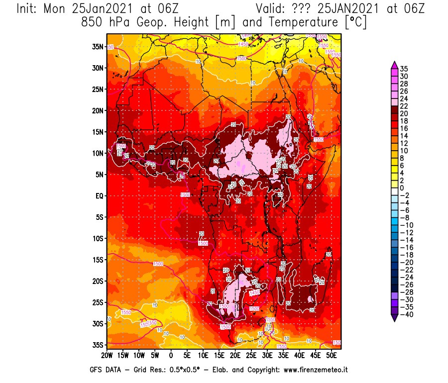 Mappa di analisi GFS - Geopotenziale [m] e Temperatura [°C] a 850 hPa in Africa
							del 25/01/2021 06 <!--googleoff: index-->UTC<!--googleon: index-->