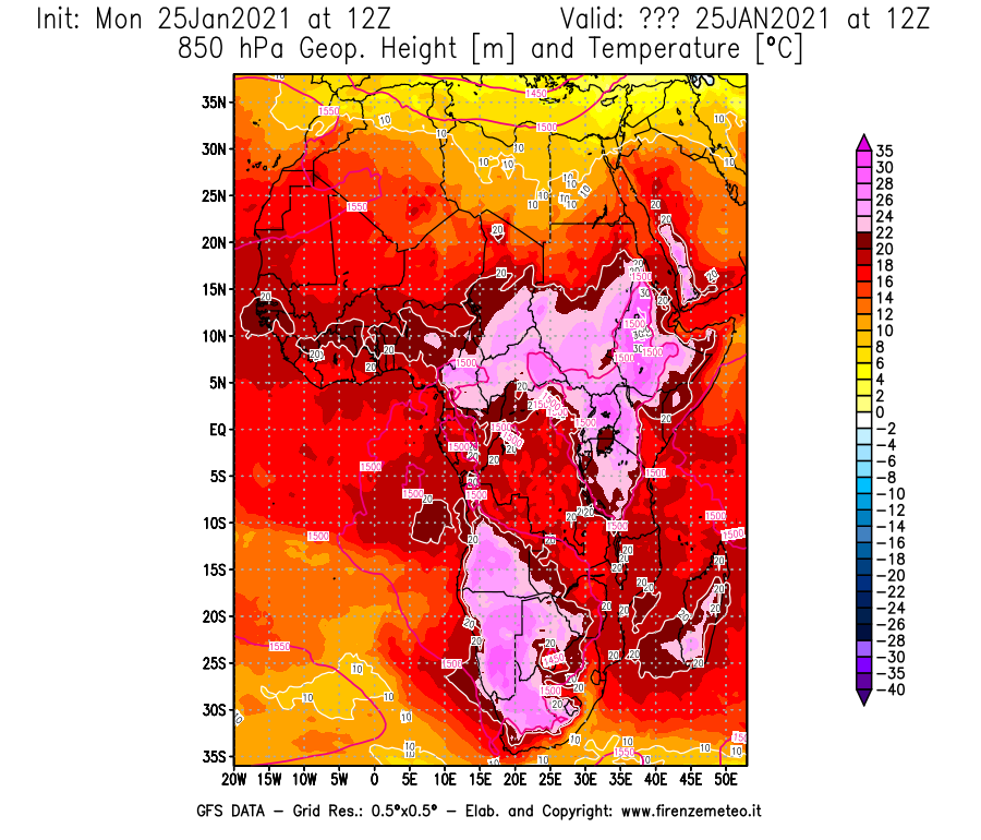 Mappa di analisi GFS - Geopotenziale [m] e Temperatura [°C] a 850 hPa in Africa
									del 25/01/2021 12 <!--googleoff: index-->UTC<!--googleon: index-->