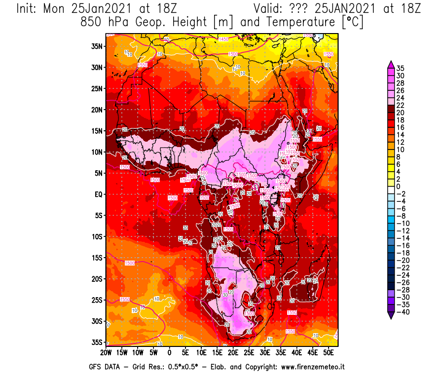 Mappa di analisi GFS - Geopotenziale [m] e Temperatura [°C] a 850 hPa in Africa
							del 25/01/2021 18 <!--googleoff: index-->UTC<!--googleon: index-->