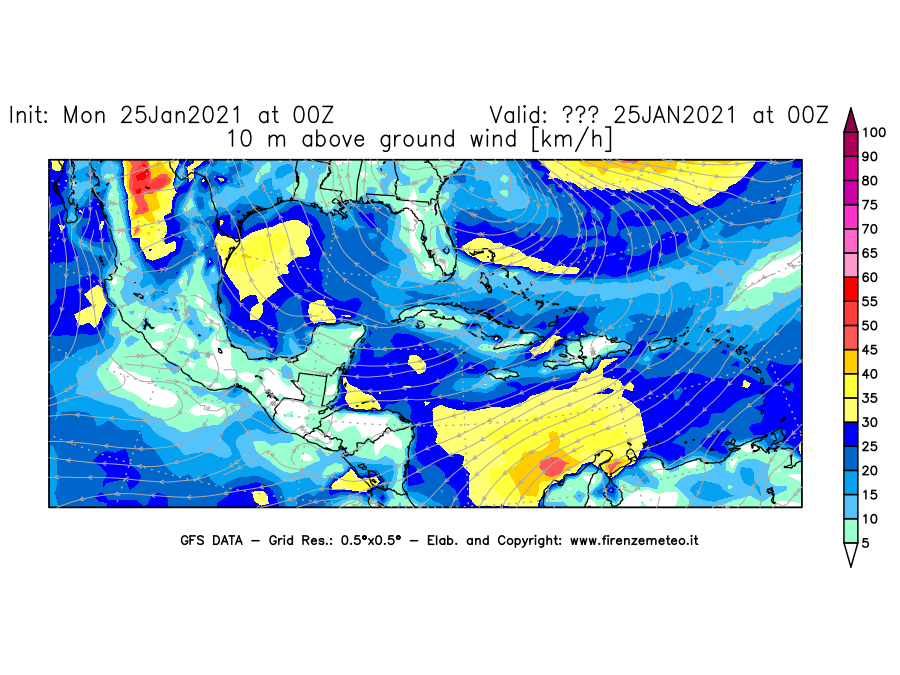 Mappa di analisi GFS - Velocità del vento a 10 metri dal suolo [km/h] in Centro-America
									del 25/01/2021 00 <!--googleoff: index-->UTC<!--googleon: index-->
