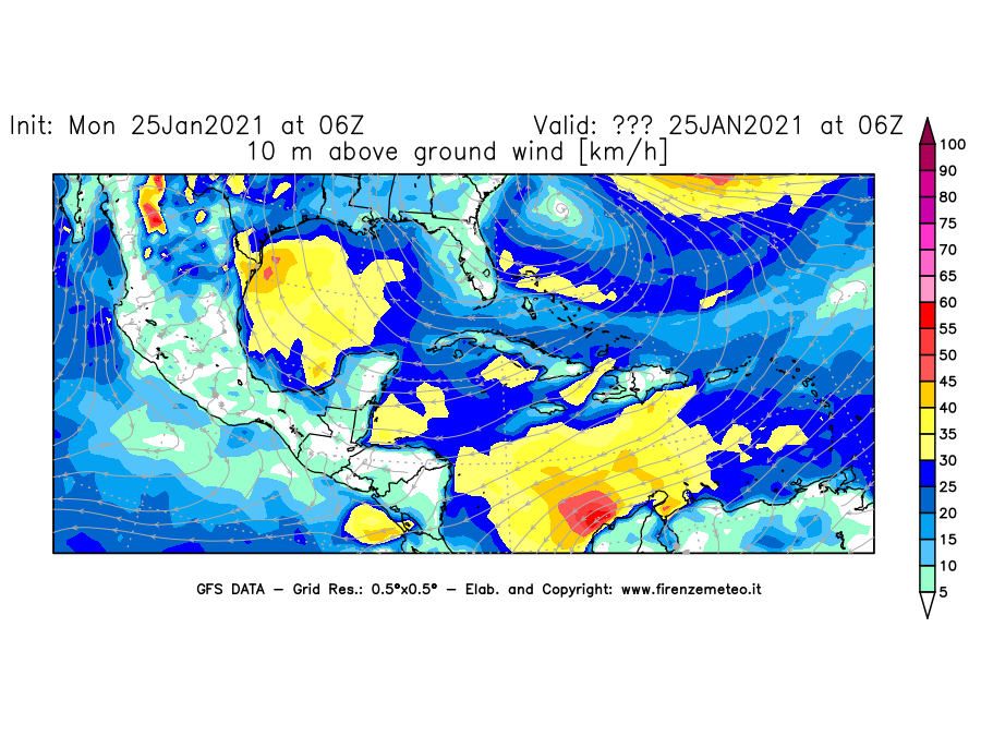 Mappa di analisi GFS - Velocità del vento a 10 metri dal suolo [km/h] in Centro-America
							del 25/01/2021 06 <!--googleoff: index-->UTC<!--googleon: index-->