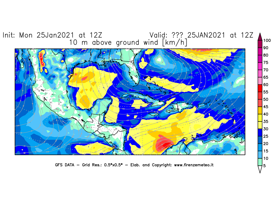 Mappa di analisi GFS - Velocità del vento a 10 metri dal suolo [km/h] in Centro-America
							del 25/01/2021 12 <!--googleoff: index-->UTC<!--googleon: index-->