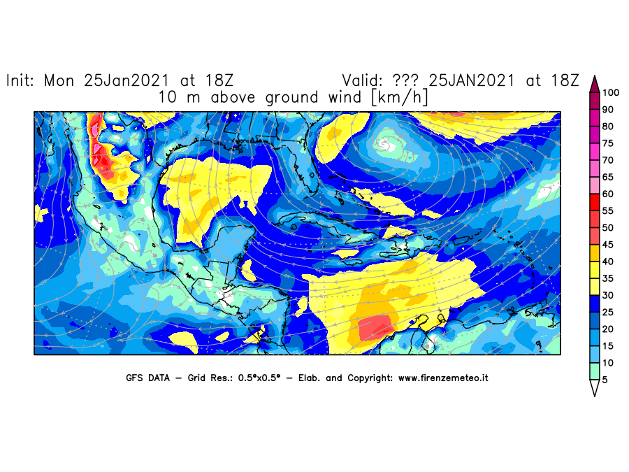 Mappa di analisi GFS - Velocità del vento a 10 metri dal suolo [km/h] in Centro-America
							del 25/01/2021 18 <!--googleoff: index-->UTC<!--googleon: index-->