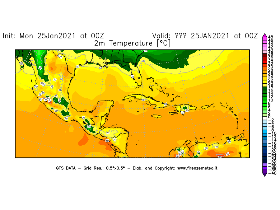 Mappa di analisi GFS - Temperatura a 2 metri dal suolo [°C] in Centro-America
							del 25/01/2021 00 <!--googleoff: index-->UTC<!--googleon: index-->