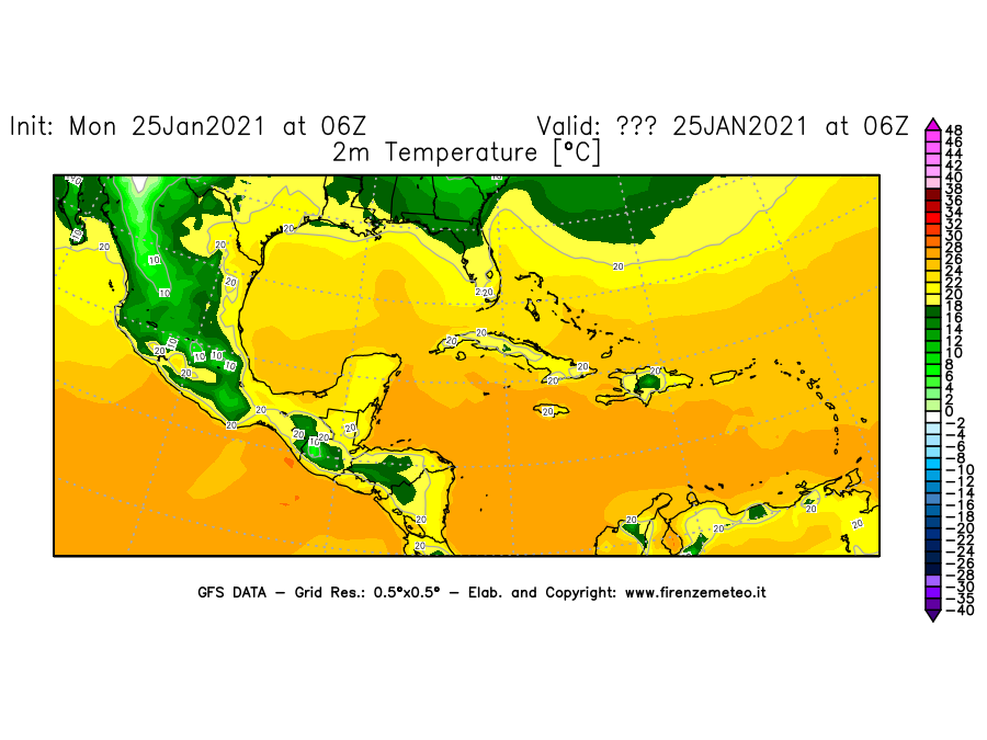 Mappa di analisi GFS - Temperatura a 2 metri dal suolo [°C] in Centro-America
							del 25/01/2021 06 <!--googleoff: index-->UTC<!--googleon: index-->