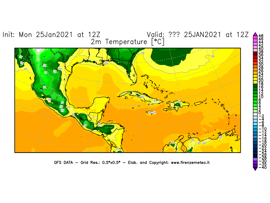 Mappa di analisi GFS - Temperatura a 2 metri dal suolo [°C] in Centro-America
							del 25/01/2021 12 <!--googleoff: index-->UTC<!--googleon: index-->