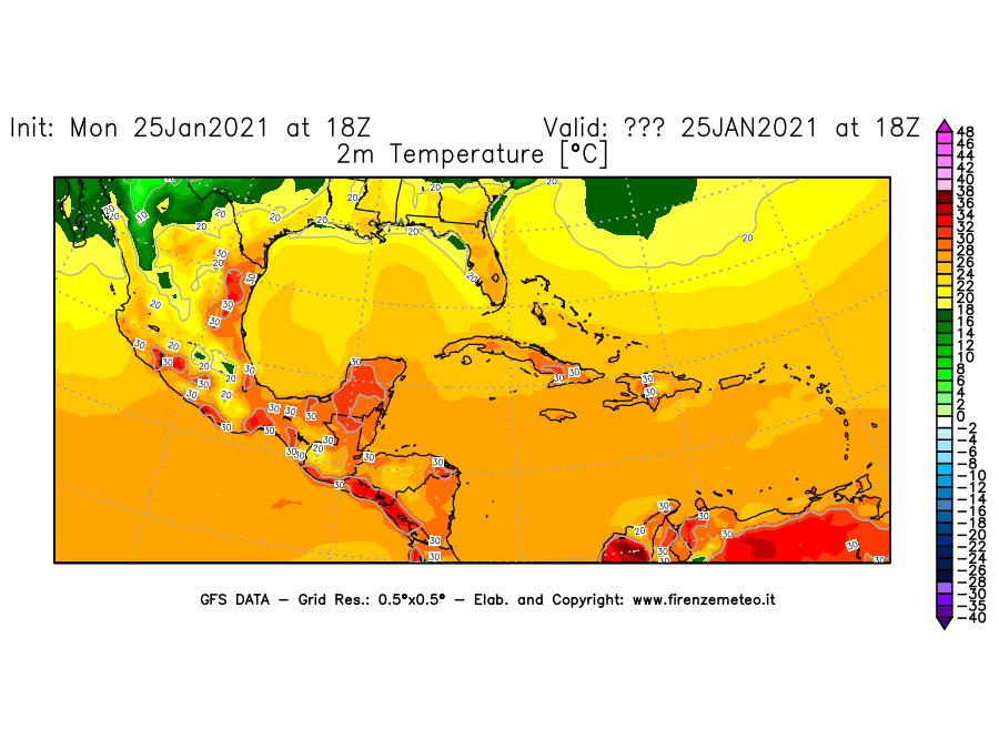 Mappa di analisi GFS - Temperatura a 2 metri dal suolo [°C] in Centro-America
									del 25/01/2021 18 <!--googleoff: index-->UTC<!--googleon: index-->