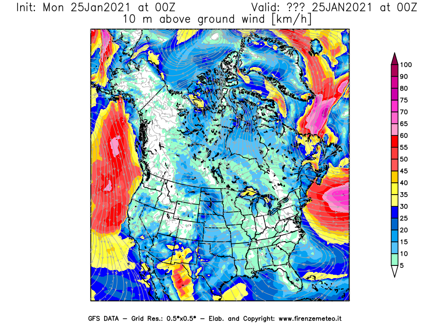Mappa di analisi GFS - Velocità del vento a 10 metri dal suolo [km/h] in Nord-America
									del 25/01/2021 00 <!--googleoff: index-->UTC<!--googleon: index-->