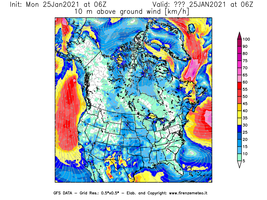 Mappa di analisi GFS - Velocità del vento a 10 metri dal suolo [km/h] in Nord-America
							del 25/01/2021 06 <!--googleoff: index-->UTC<!--googleon: index-->