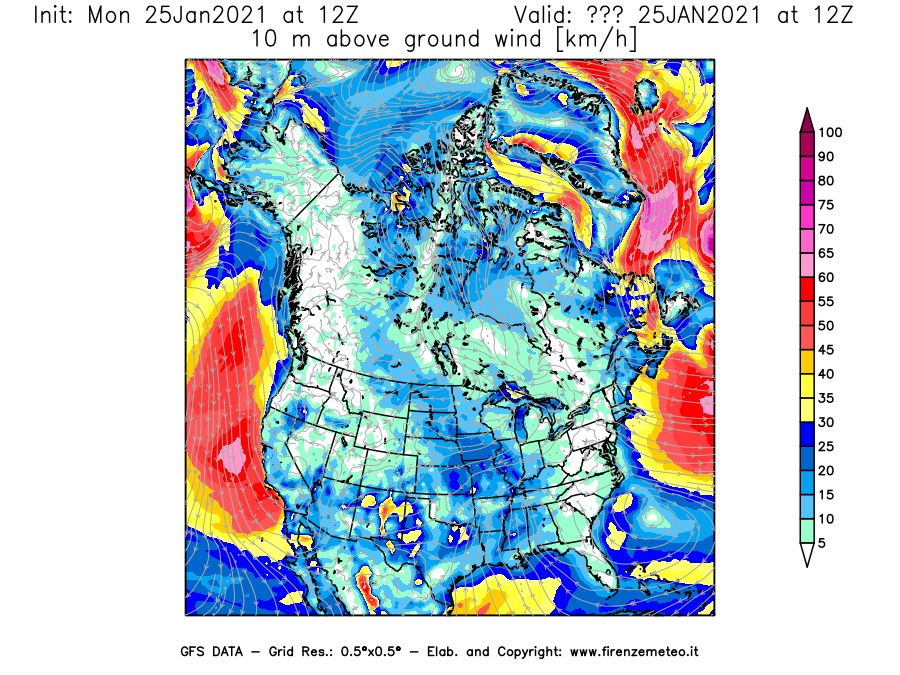 Mappa di analisi GFS - Velocità del vento a 10 metri dal suolo [km/h] in Nord-America
									del 25/01/2021 12 <!--googleoff: index-->UTC<!--googleon: index-->