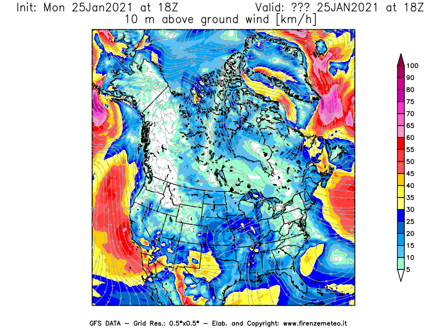 Mappa di analisi GFS - Velocità del vento a 10 metri dal suolo [km/h] in Nord-America
							del 25/01/2021 18 <!--googleoff: index-->UTC<!--googleon: index-->