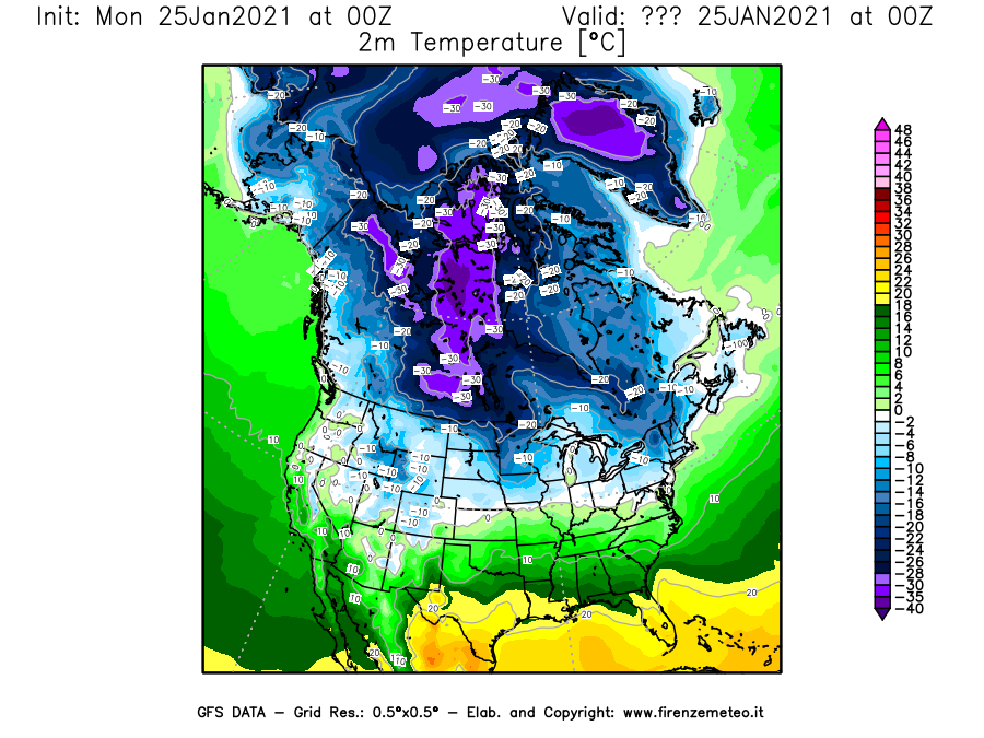 Mappa di analisi GFS - Temperatura a 2 metri dal suolo [°C] in Nord-America
									del 25/01/2021 00 <!--googleoff: index-->UTC<!--googleon: index-->
