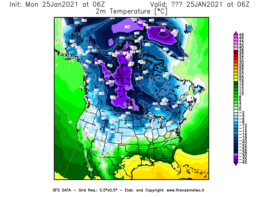 Mappa di analisi GFS - Temperatura a 2 metri dal suolo [°C] in Nord-America
									del 25/01/2021 06 <!--googleoff: index-->UTC<!--googleon: index-->
