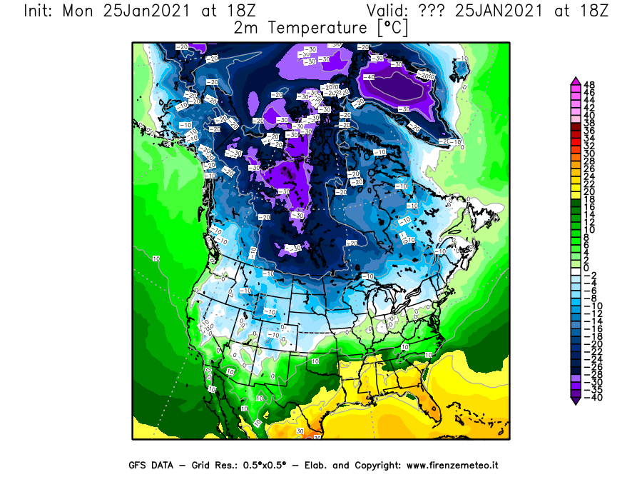 Mappa di analisi GFS - Temperatura a 2 metri dal suolo [°C] in Nord-America
									del 25/01/2021 18 <!--googleoff: index-->UTC<!--googleon: index-->