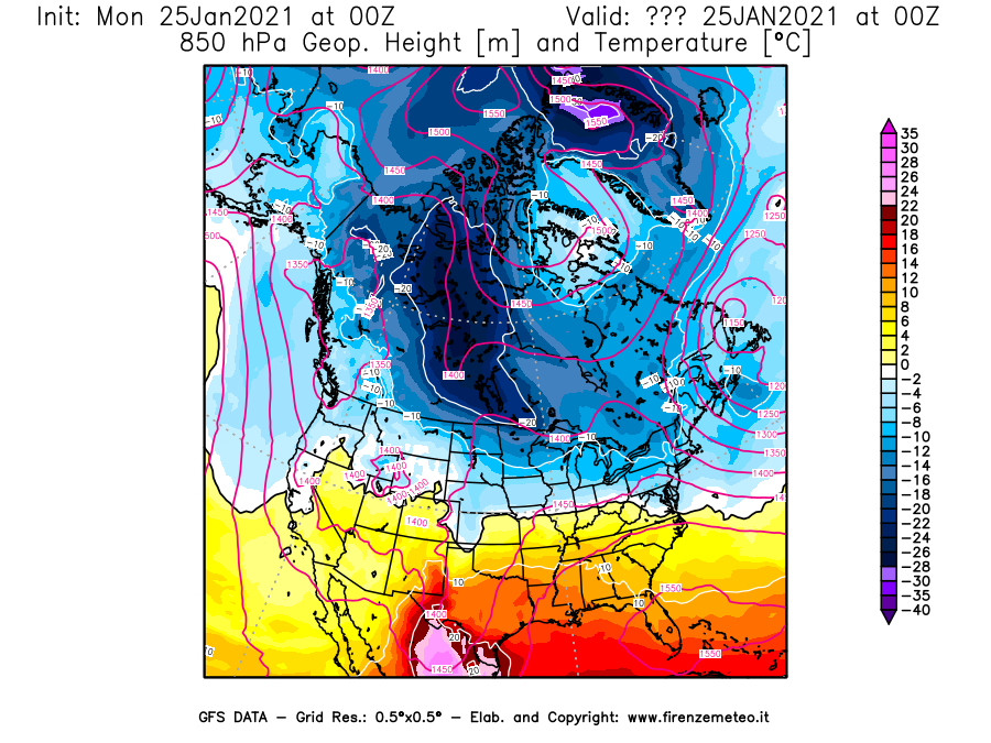 Mappa di analisi GFS - Geopotenziale [m] e Temperatura [°C] a 850 hPa in Nord-America
							del 25/01/2021 00 <!--googleoff: index-->UTC<!--googleon: index-->