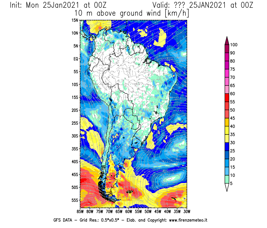 Mappa di analisi GFS - Velocità del vento a 10 metri dal suolo [km/h] in Sud-America
									del 25/01/2021 00 <!--googleoff: index-->UTC<!--googleon: index-->