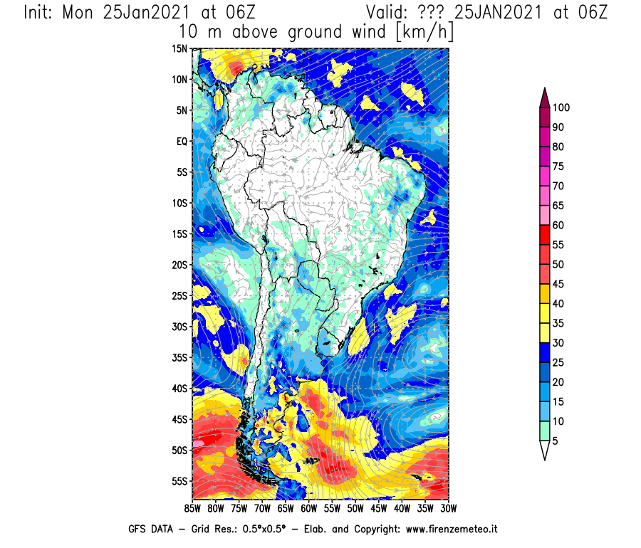 Mappa di analisi GFS - Velocità del vento a 10 metri dal suolo [km/h] in Sud-America
									del 25/01/2021 06 <!--googleoff: index-->UTC<!--googleon: index-->