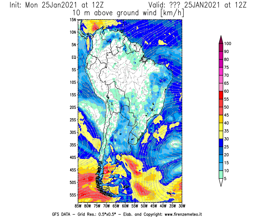 Mappa di analisi GFS - Velocità del vento a 10 metri dal suolo [km/h] in Sud-America
							del 25/01/2021 12 <!--googleoff: index-->UTC<!--googleon: index-->