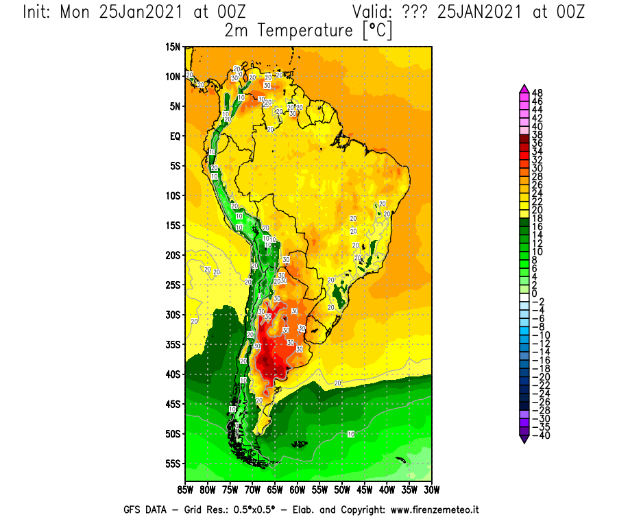 Mappa di analisi GFS - Temperatura a 2 metri dal suolo [°C] in Sud-America
							del 25/01/2021 00 <!--googleoff: index-->UTC<!--googleon: index-->