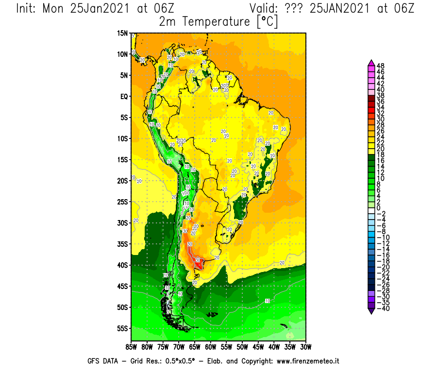 Mappa di analisi GFS - Temperatura a 2 metri dal suolo [°C] in Sud-America
							del 25/01/2021 06 <!--googleoff: index-->UTC<!--googleon: index-->