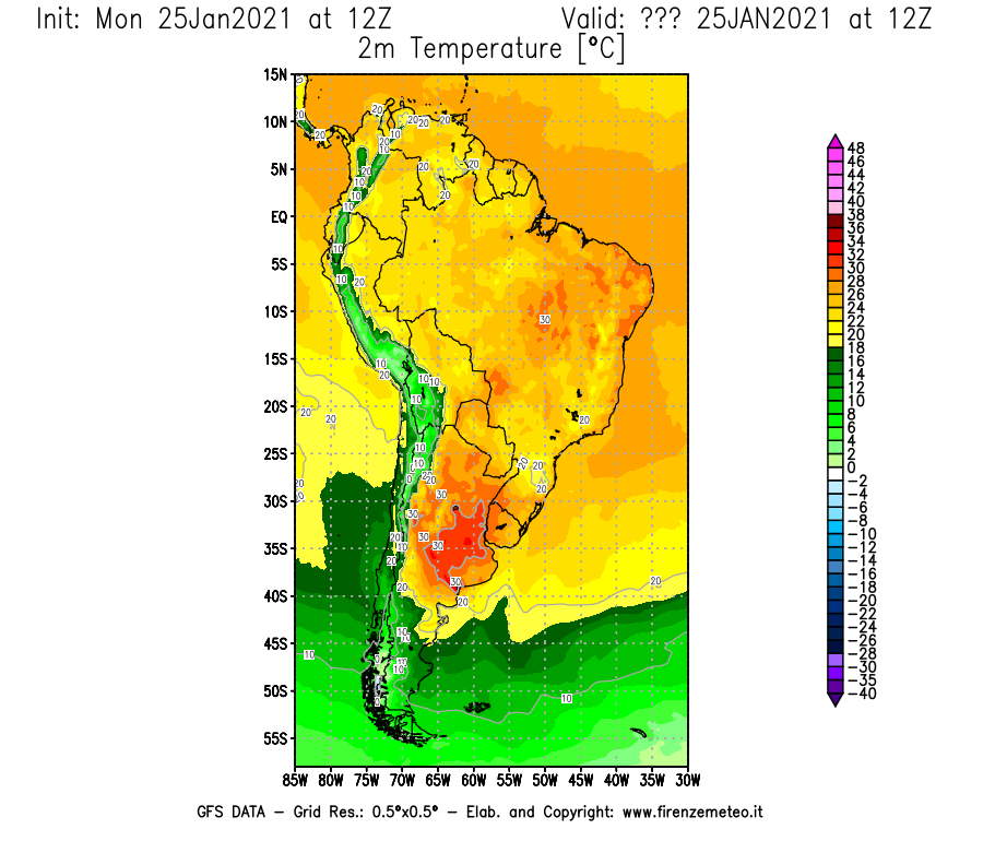 Mappa di analisi GFS - Temperatura a 2 metri dal suolo [°C] in Sud-America
									del 25/01/2021 12 <!--googleoff: index-->UTC<!--googleon: index-->