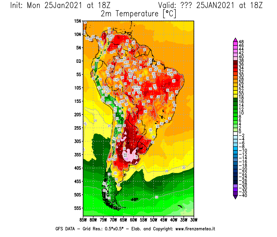 Mappa di analisi GFS - Temperatura a 2 metri dal suolo [°C] in Sud-America
							del 25/01/2021 18 <!--googleoff: index-->UTC<!--googleon: index-->