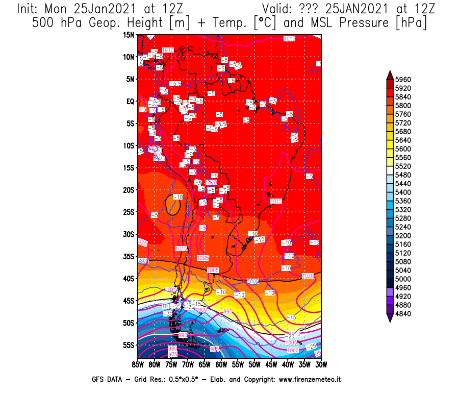 Mappa di analisi GFS - Geopotenziale [m] + Temp. [°C] a 500 hPa + Press. a livello del mare [hPa] in Sud-America
									del 25/01/2021 12 <!--googleoff: index-->UTC<!--googleon: index-->