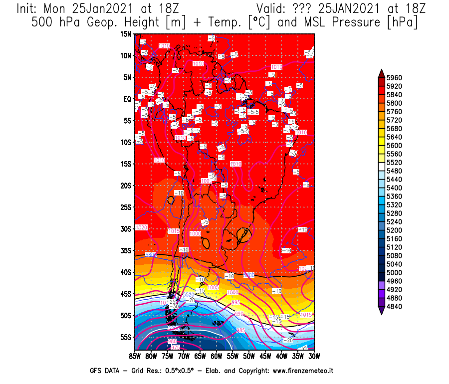 Mappa di analisi GFS - Geopotenziale [m] + Temp. [°C] a 500 hPa + Press. a livello del mare [hPa] in Sud-America
									del 25/01/2021 18 <!--googleoff: index-->UTC<!--googleon: index-->