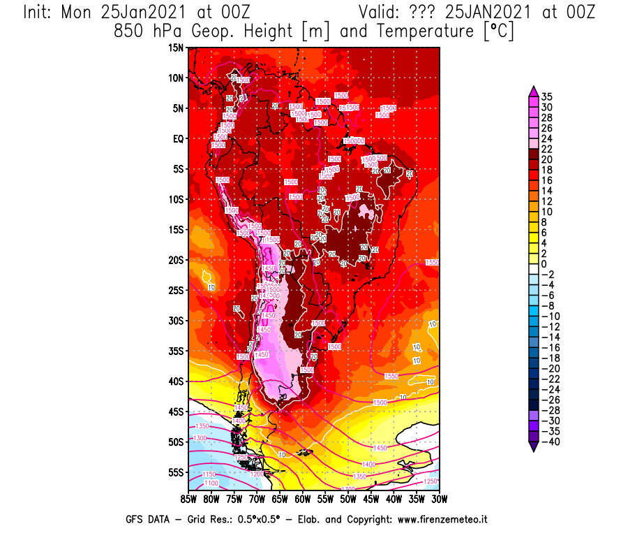 Mappa di analisi GFS - Geopotenziale [m] e Temperatura [°C] a 850 hPa in Sud-America
							del 25/01/2021 00 <!--googleoff: index-->UTC<!--googleon: index-->
