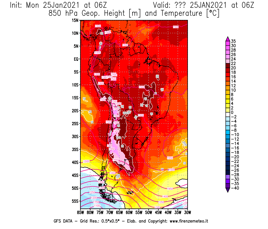 Mappa di analisi GFS - Geopotenziale [m] e Temperatura [°C] a 850 hPa in Sud-America
									del 25/01/2021 06 <!--googleoff: index-->UTC<!--googleon: index-->