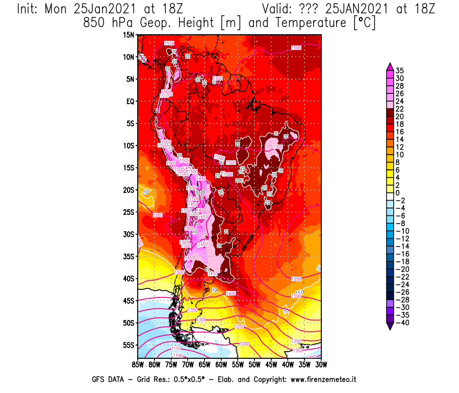 Mappa di analisi GFS - Geopotenziale [m] e Temperatura [°C] a 850 hPa in Sud-America
									del 25/01/2021 18 <!--googleoff: index-->UTC<!--googleon: index-->