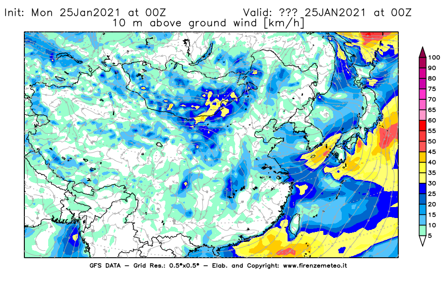 Mappa di analisi GFS - Velocità del vento a 10 metri dal suolo [km/h] in Asia Orientale
									del 25/01/2021 00 <!--googleoff: index-->UTC<!--googleon: index-->